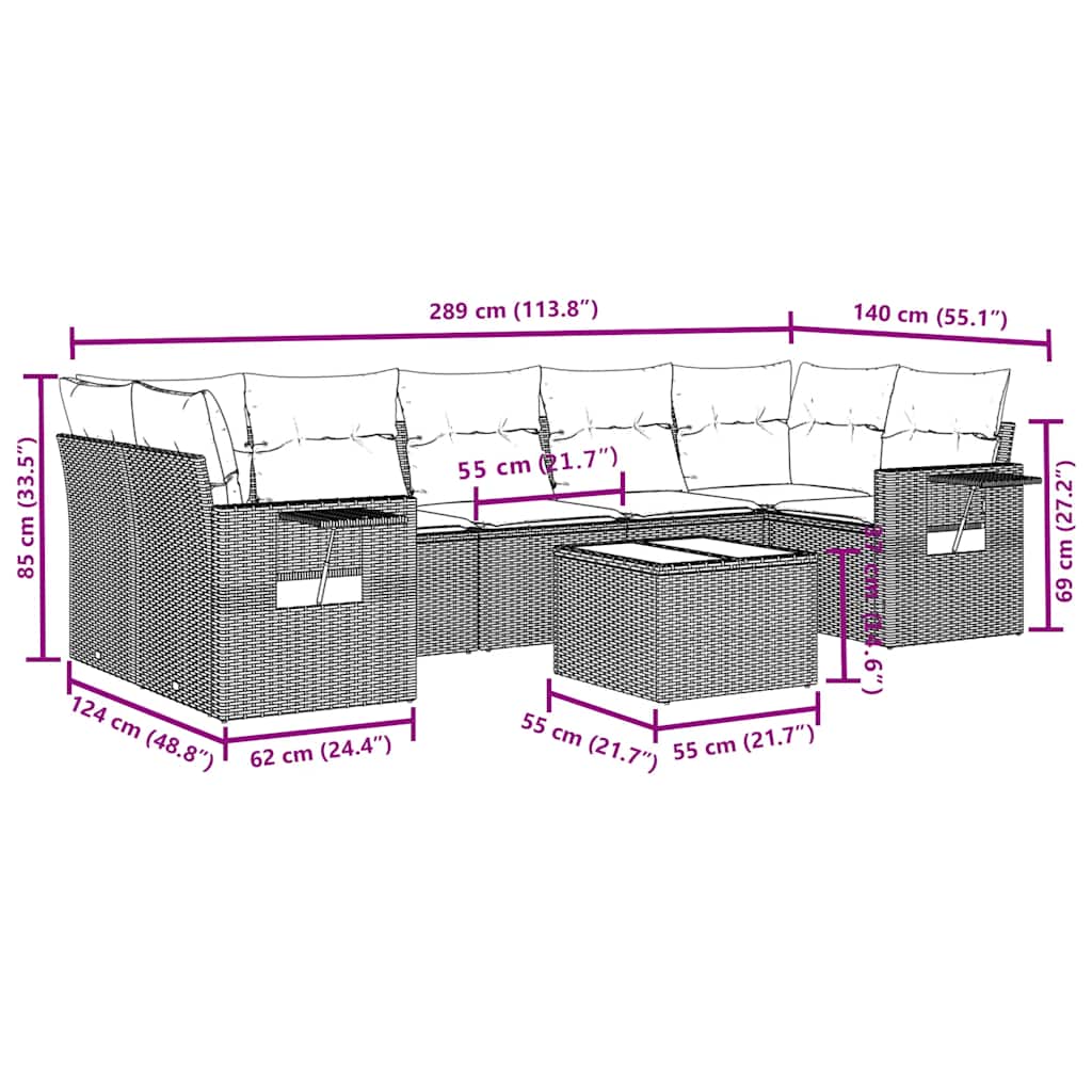 Salon de jardin 8 pcs avec coussins noir résine tressée