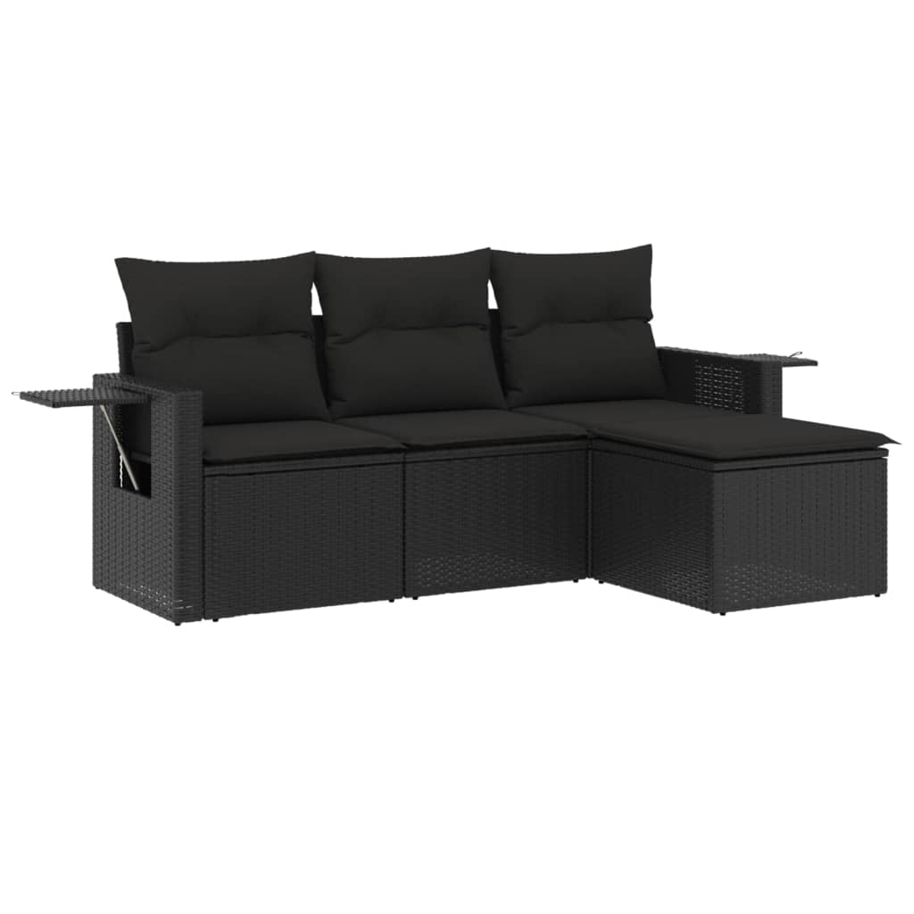 Salon de jardin 4 pcs avec coussins noir résine tressée