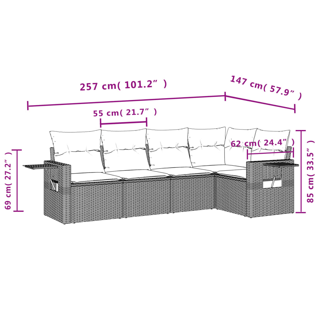 Salon de jardin 5 pcs avec coussins gris résine tressée