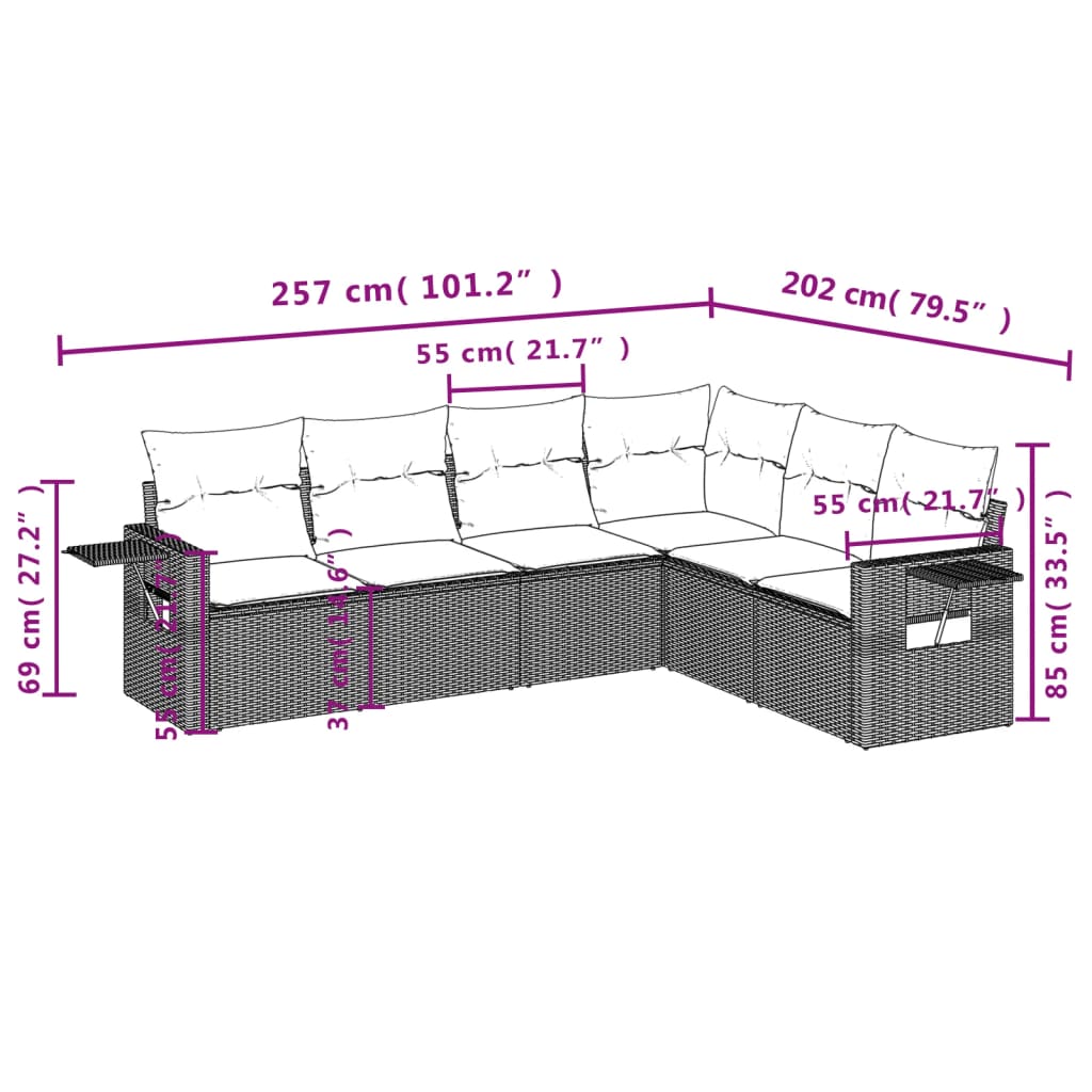 Salon de jardin 6 pcs avec coussins gris résine tressée