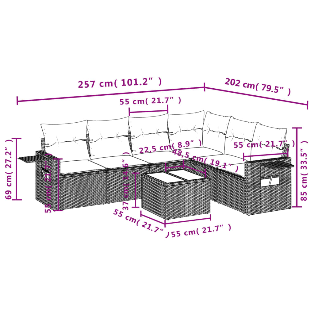 Salon de jardin avec coussins 7 pcs gris résine tressée