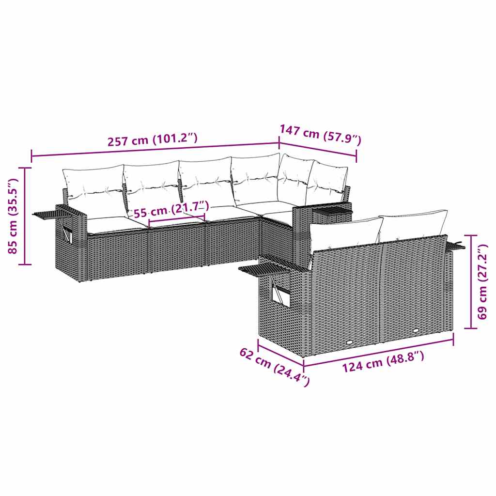 Salon de jardin avec coussins 7 pcs marron résine tressée