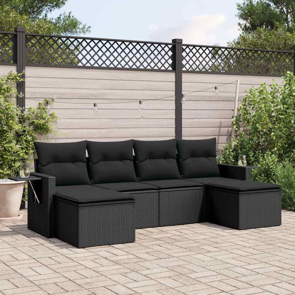 Salon de jardin 6 pcs avec coussins noir résine tressée
