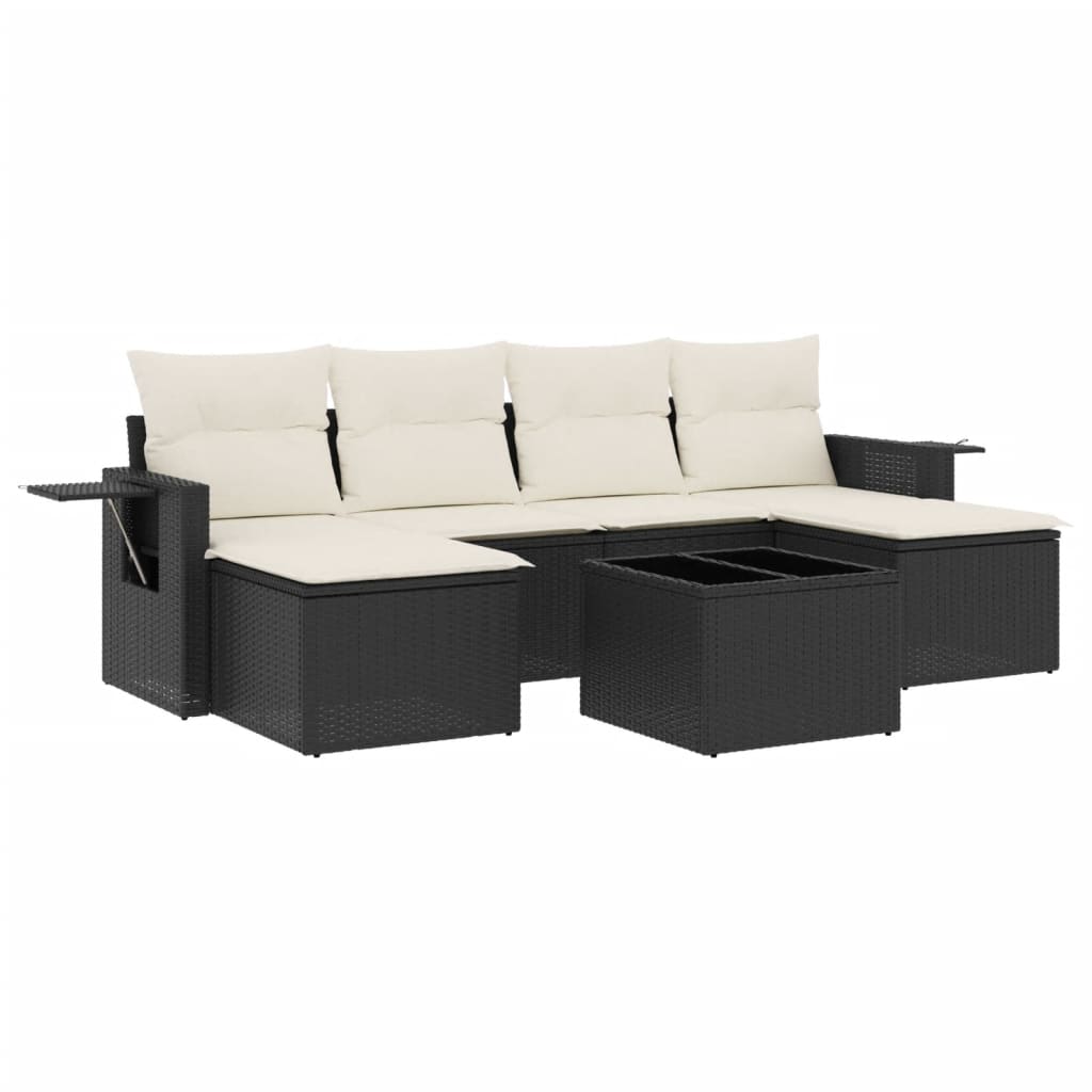 Salon de jardin 7 pcs avec coussins noir résine tressée