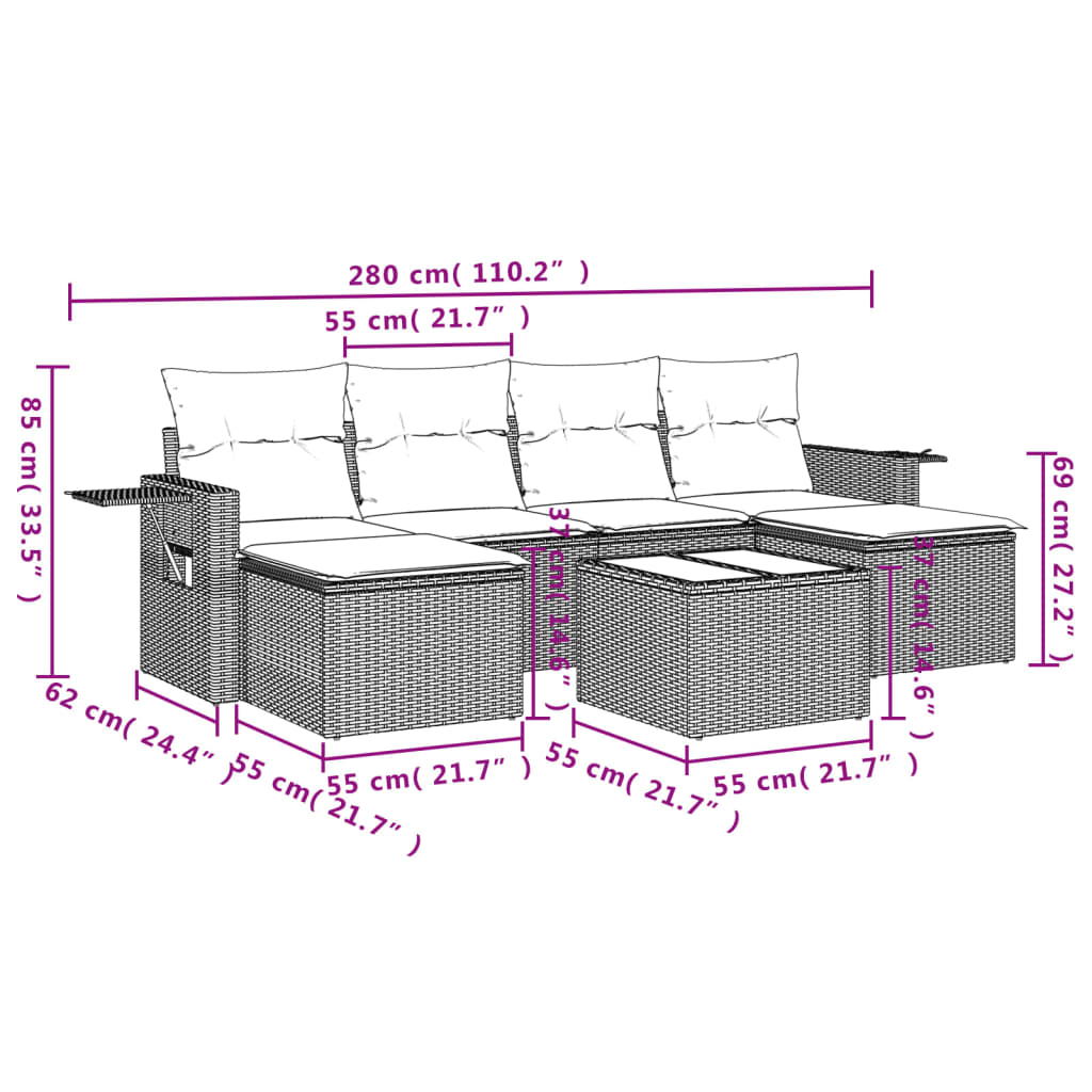 Salon de jardin 7 pcs avec coussins noir résine tressée