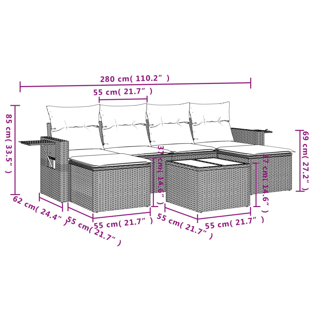 Salon de jardin avec coussins 7 pcs marron résine tressée