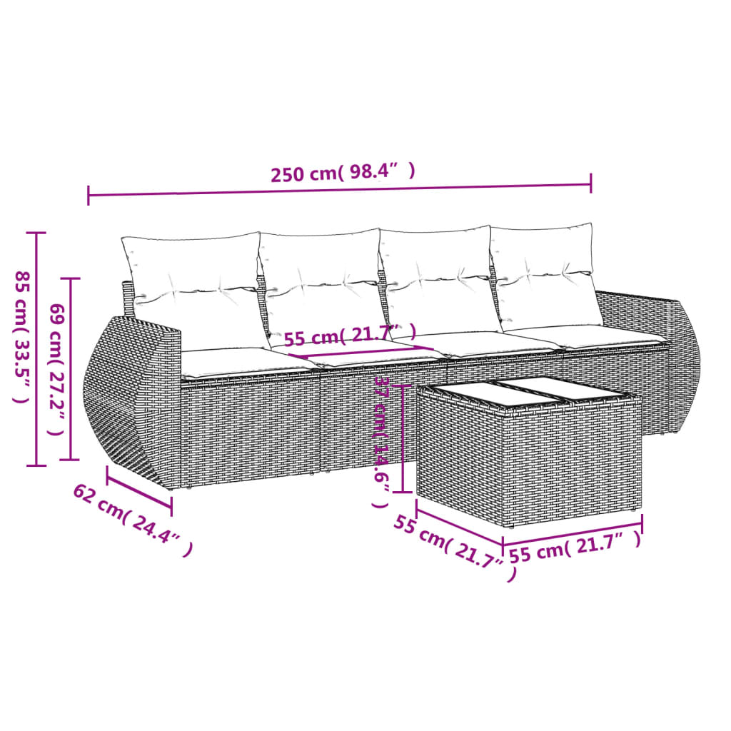 Salon de jardin 5 pcs avec coussins gris résine tressée