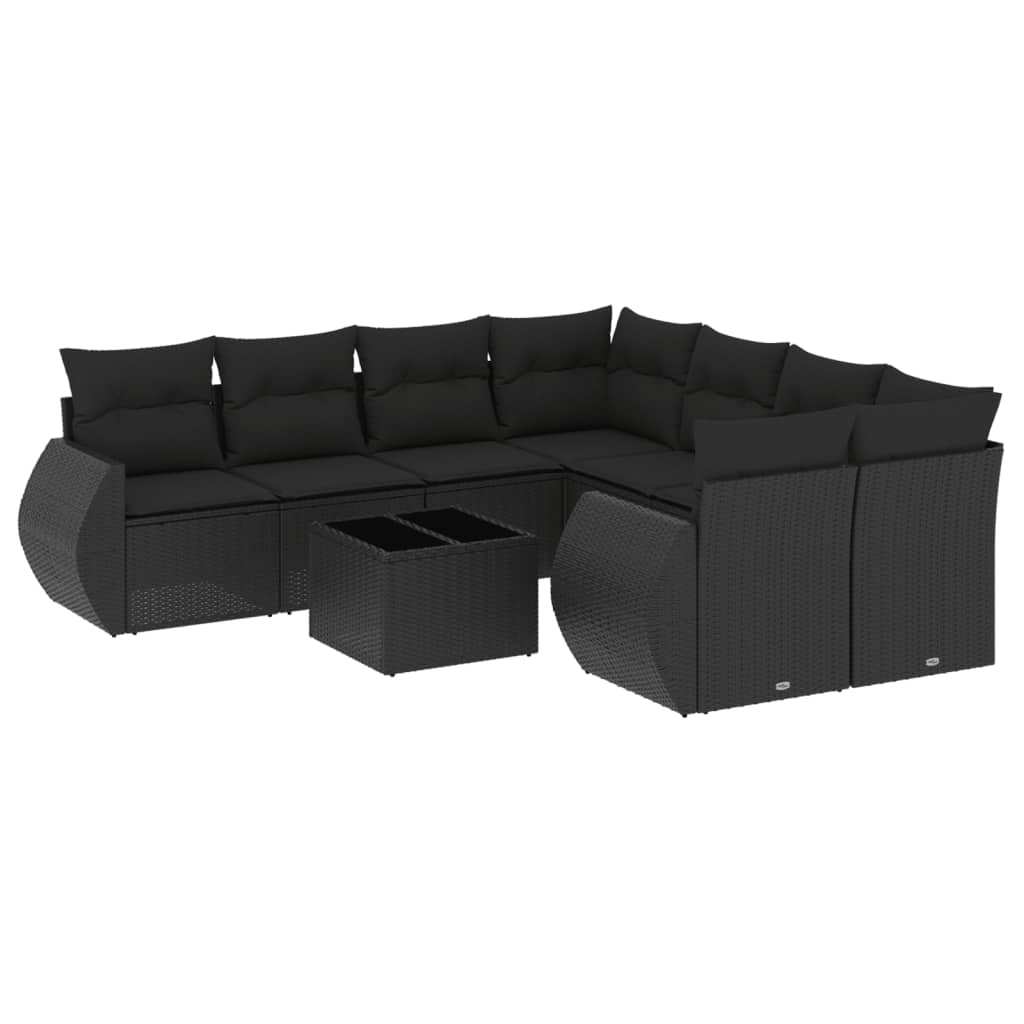 Salon de jardin 9 pcs avec coussins noir résine tressée