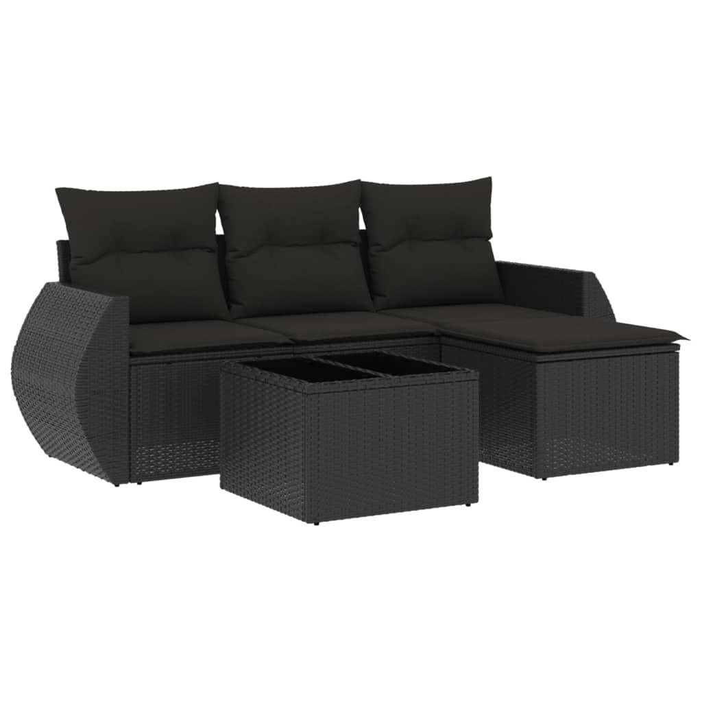 Salon de jardin 5 pcs avec coussins noir résine tressée