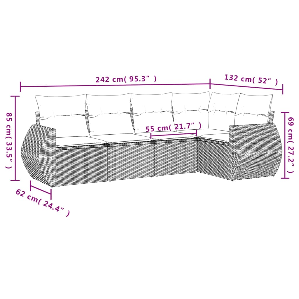 Salon de jardin 5 pcs avec coussins gris clair résine tressée