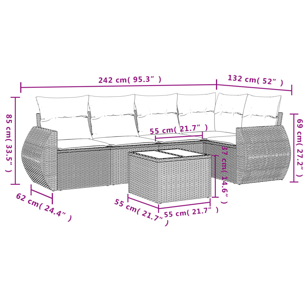 Salon de jardin 6 pcs avec coussins gris clair résine tressée