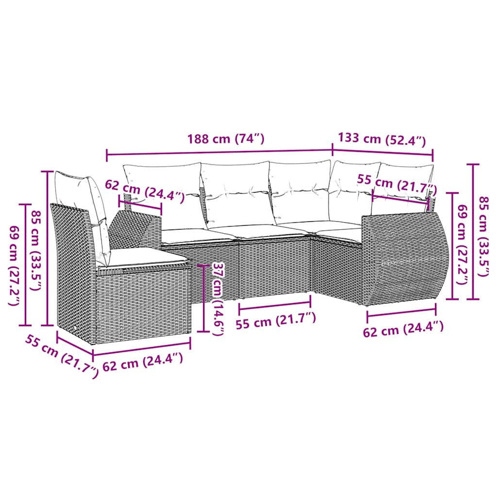 Salon de jardin 5 pcs avec coussins gris clair résine tressée