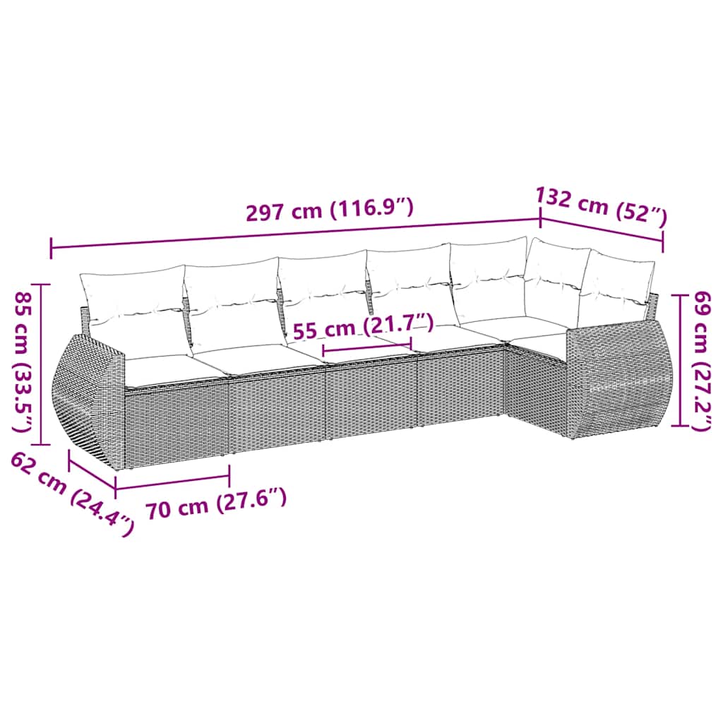 Salon de jardin 6 pcs avec coussins noir résine tressée