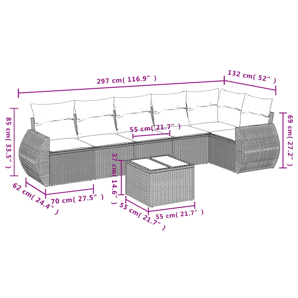 Salon de jardin avec coussins 7 pcs marron résine tressée