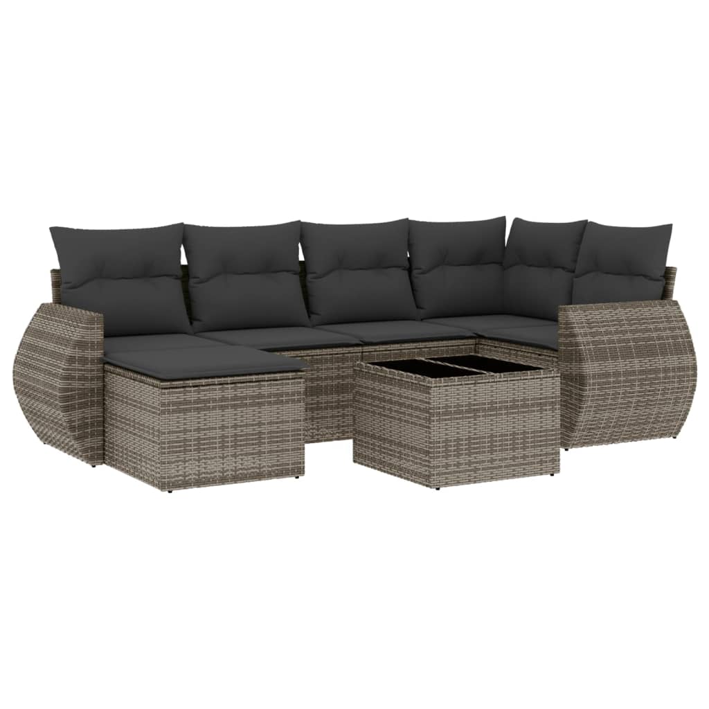 Salon de jardin avec coussins 7 pcs gris résine tressée