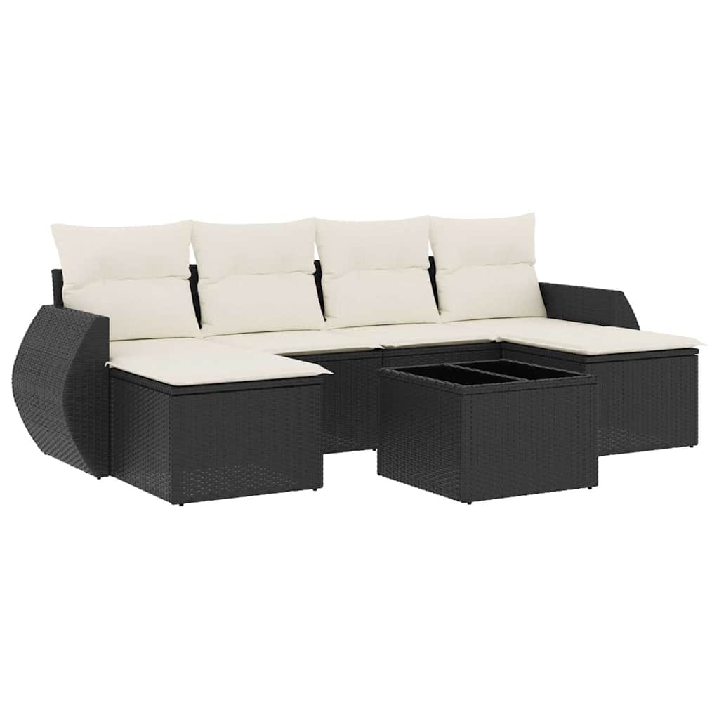 Salon de jardin 7 pcs avec coussins noir résine tressée