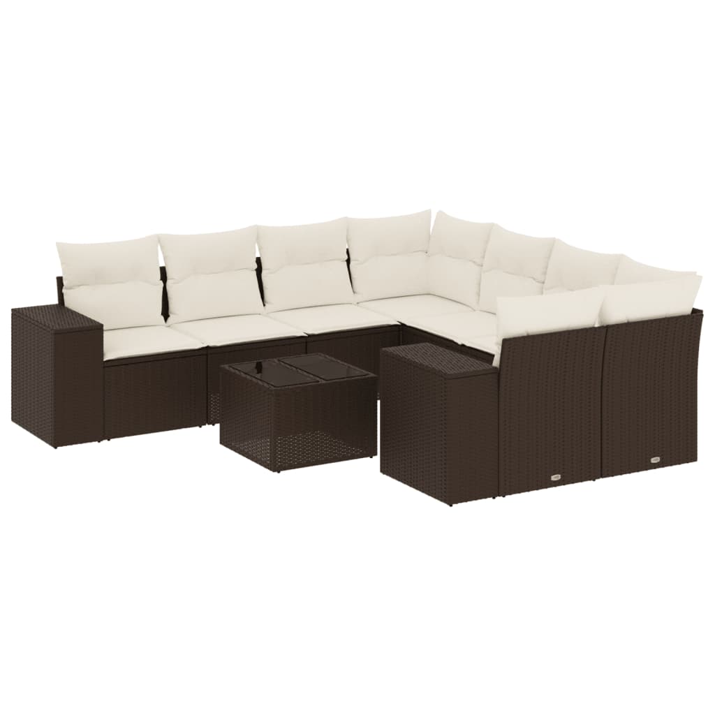 Salon de jardin avec coussins 9 pcs marron résine tressée