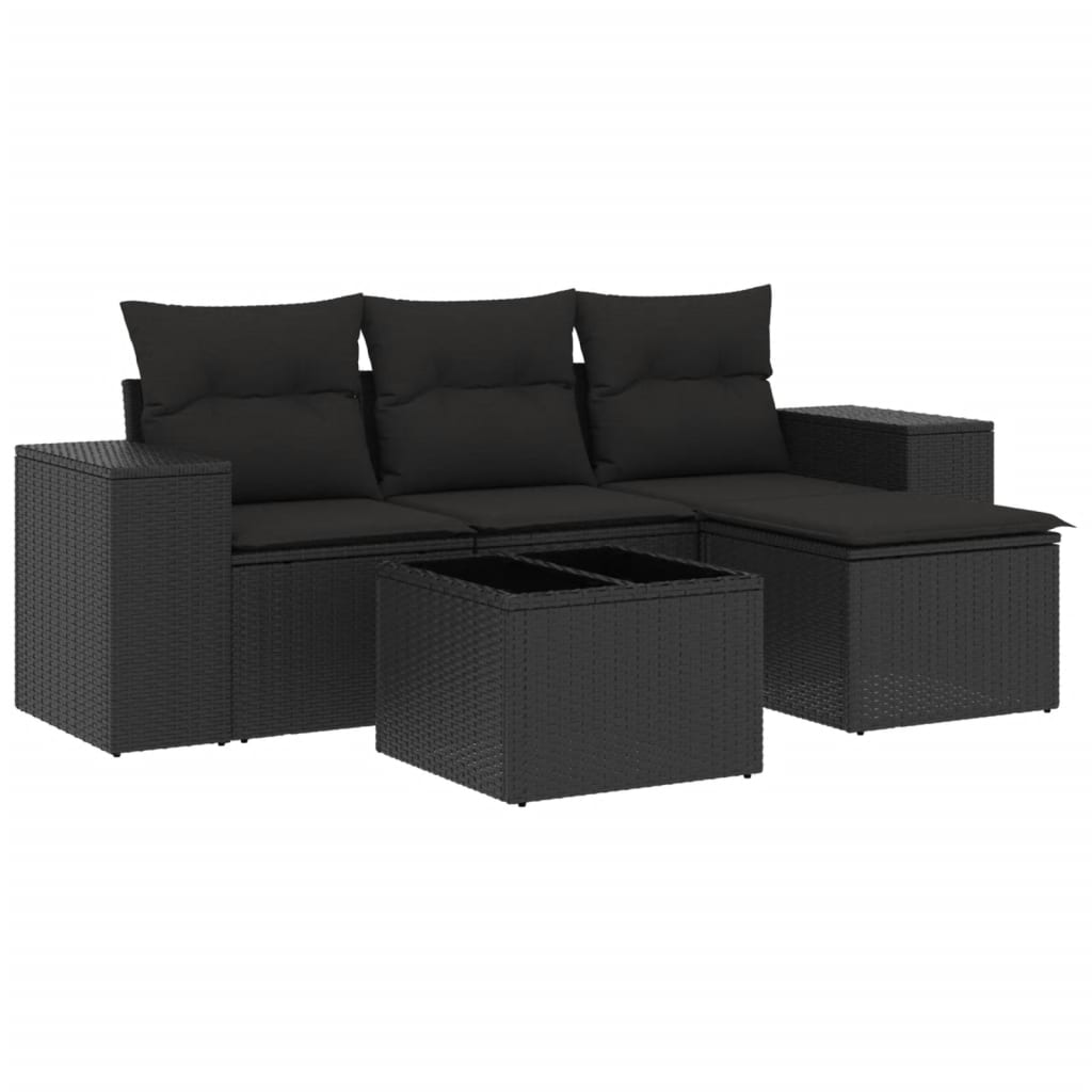 Salon de jardin 5 pcs avec coussins noir résine tressée