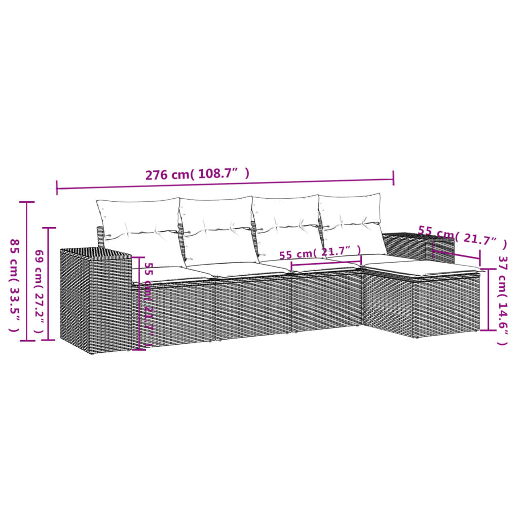 Salon de jardin 5 pcs avec coussins gris résine tressée