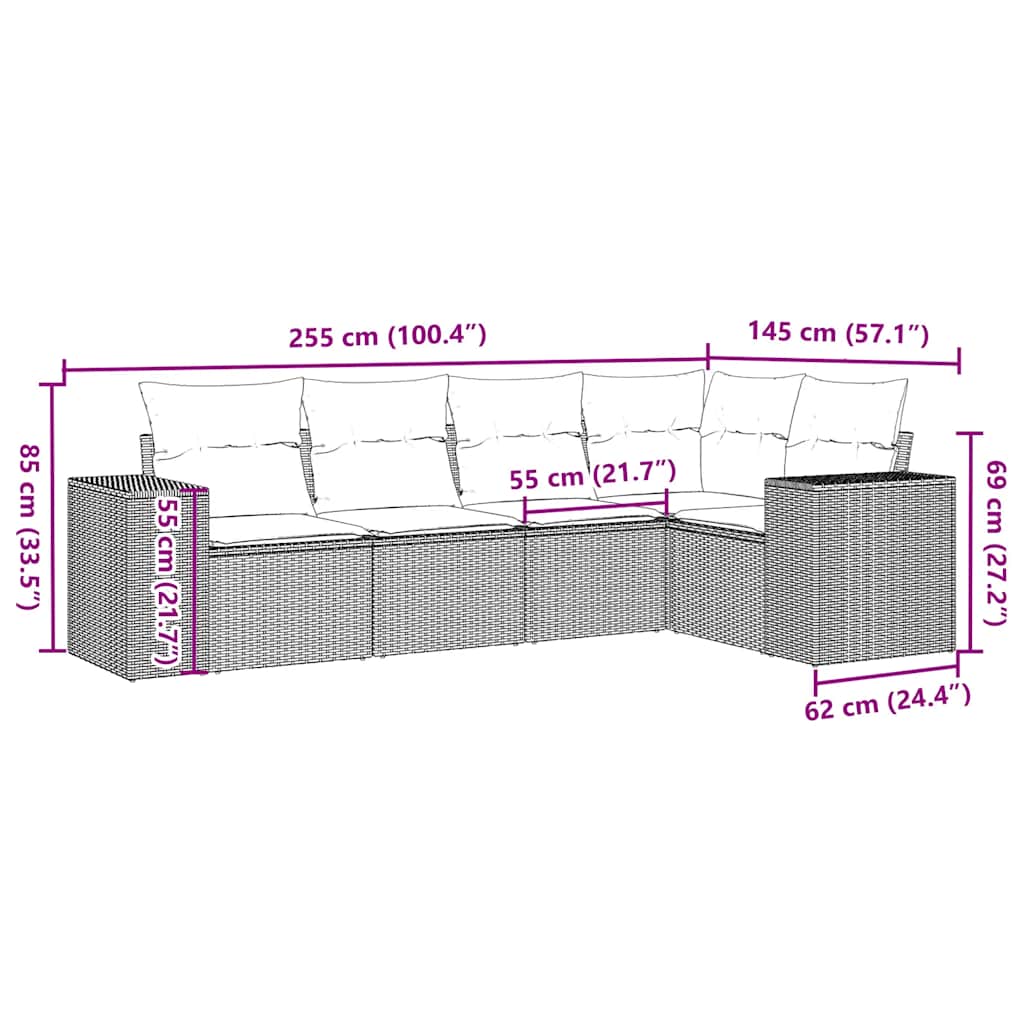 Salon de jardin 5 pcs avec coussins gris clair résine tressée