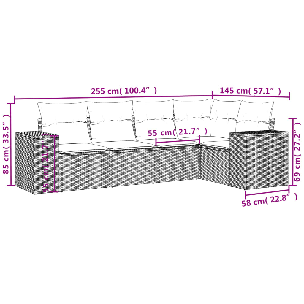 Salon de jardin avec coussins 5 pcs marron résine tressée