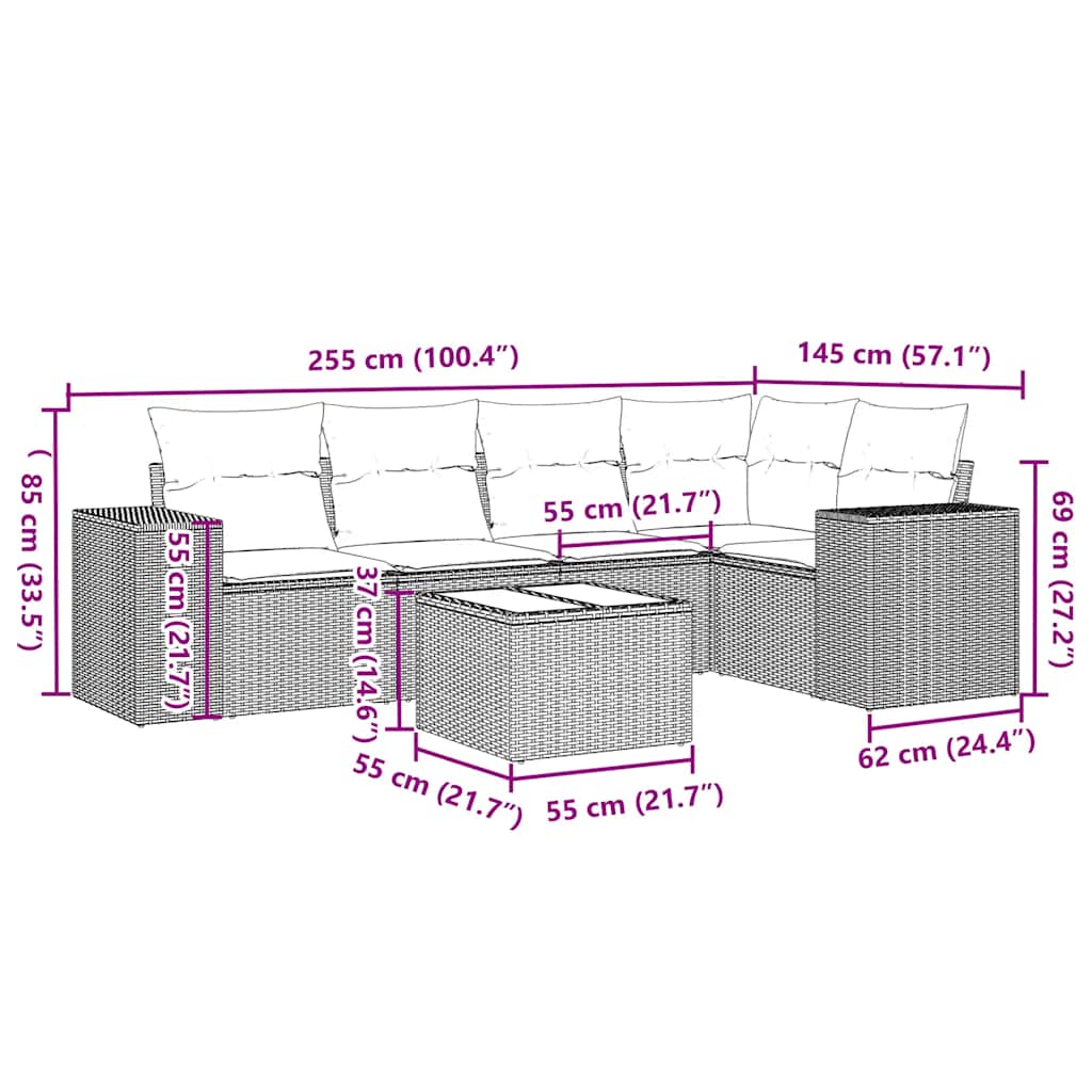 Salon de jardin 6 pcs avec coussins gris clair résine tressée