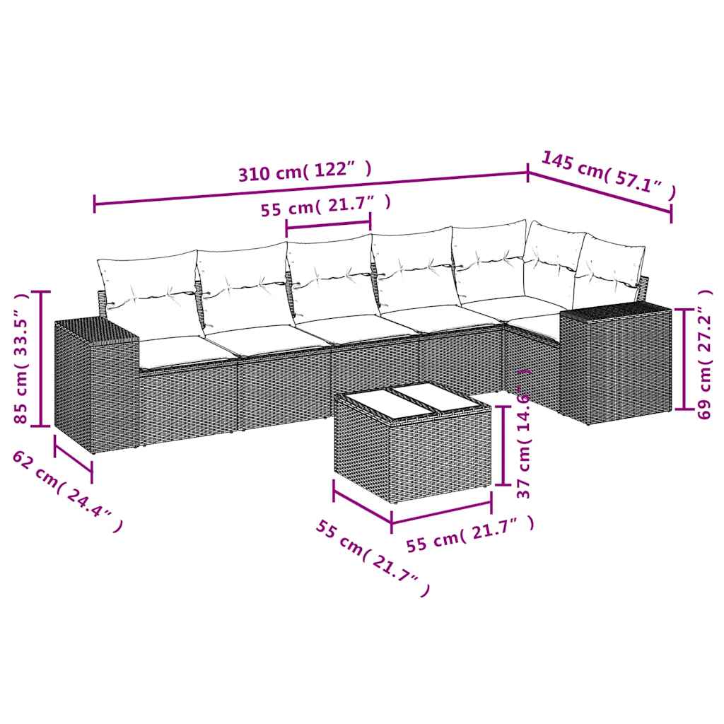 Salon de jardin 7 pcs avec coussins noir résine tressée