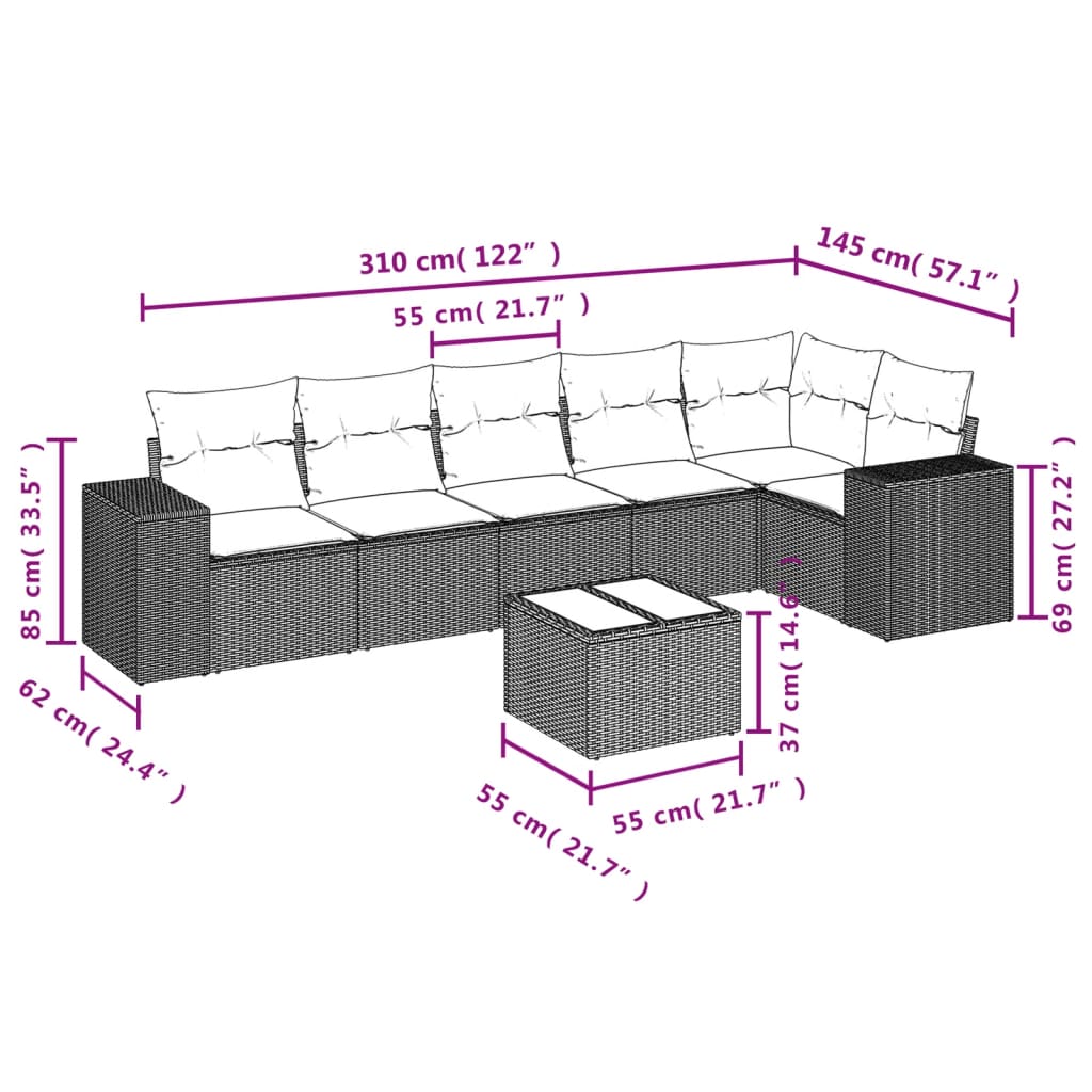 Salon de jardin avec coussins 7 pcs marron résine tressée