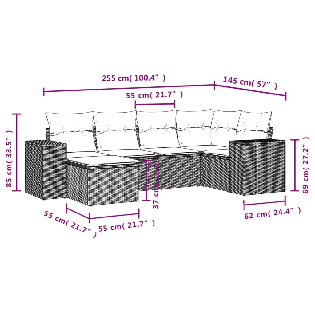 Salon de jardin 6 pcs avec coussins noir résine tressée