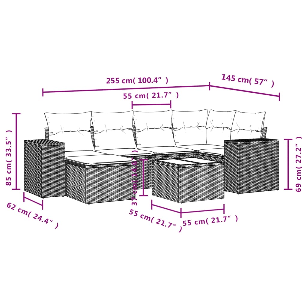 Salon de jardin 7 pcs avec coussins noir résine tressée