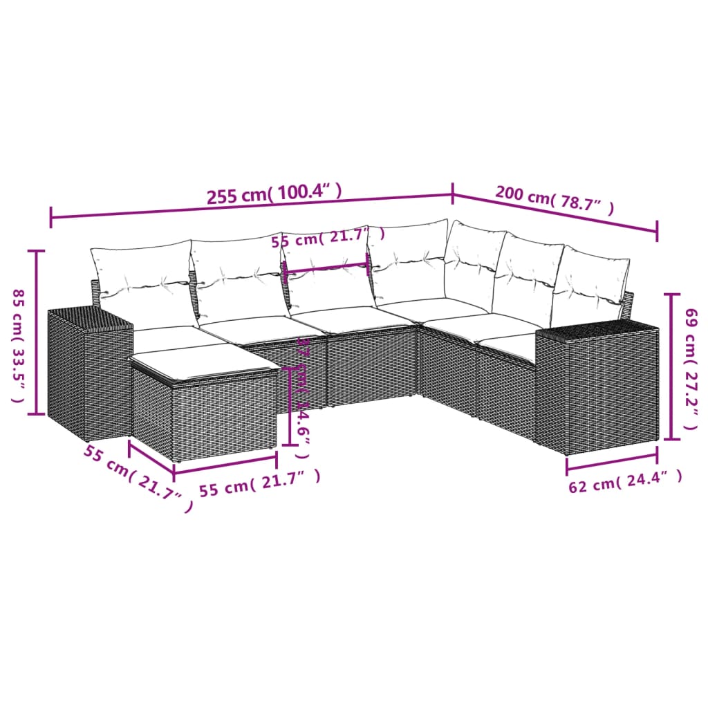 Salon de jardin 7 pcs avec coussins noir résine tressée
