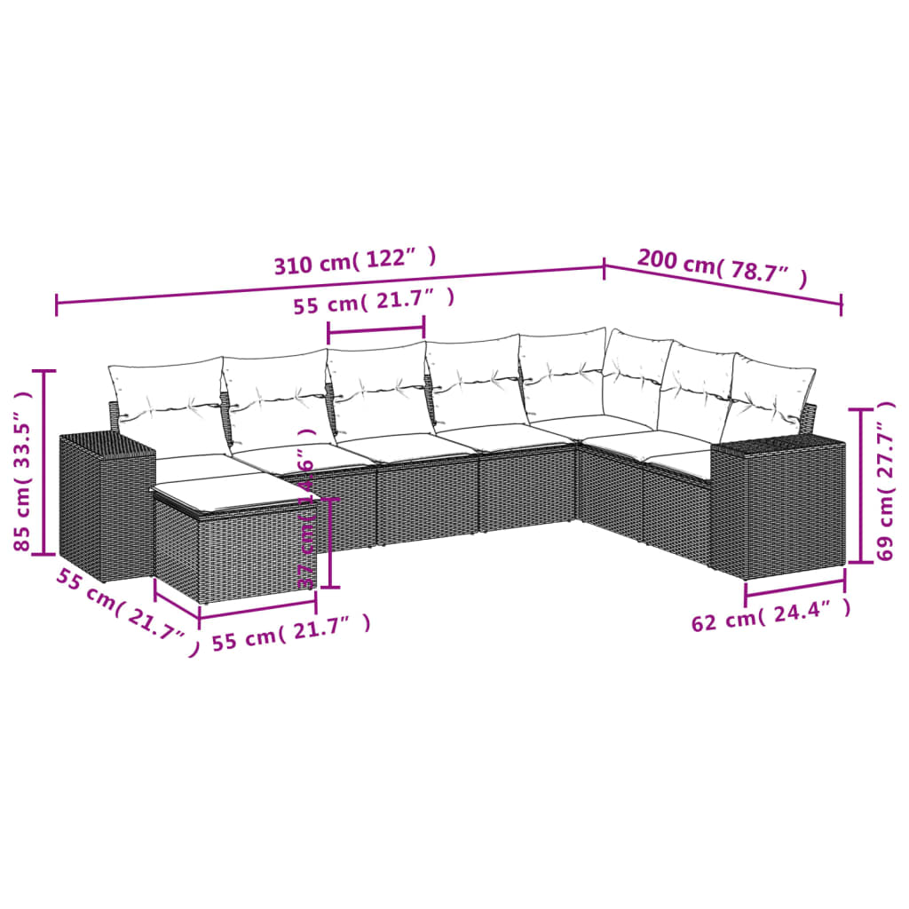 Salon de jardin 8 pcs avec coussins noir résine tressée
