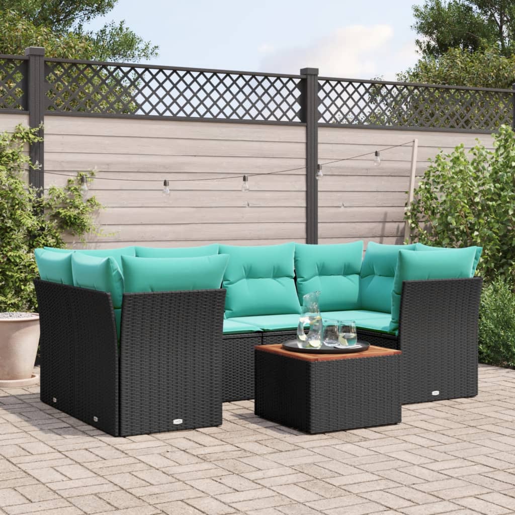 Salon de jardin 7 pcs avec coussins noir résine tressée