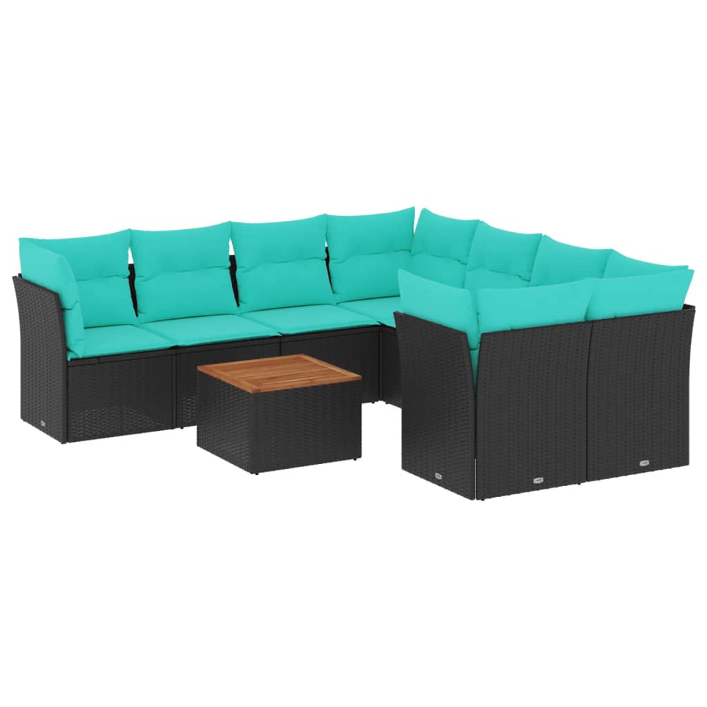 Salon de jardin 9 pcs avec coussins noir résine tressée