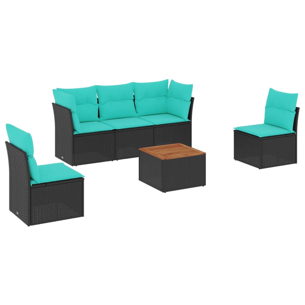 Salon de jardin 6 pcs avec coussins noir résine tressée