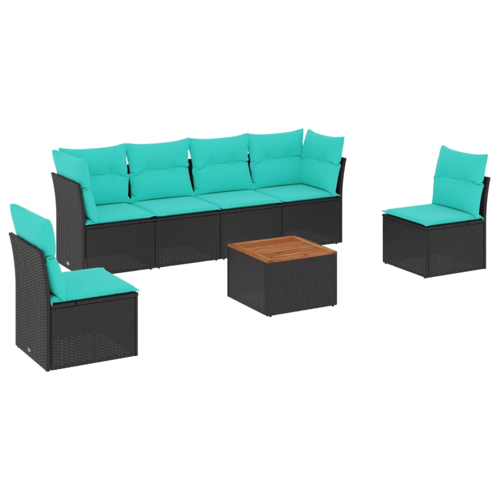 Salon de jardin 7 pcs avec coussins noir résine tressée