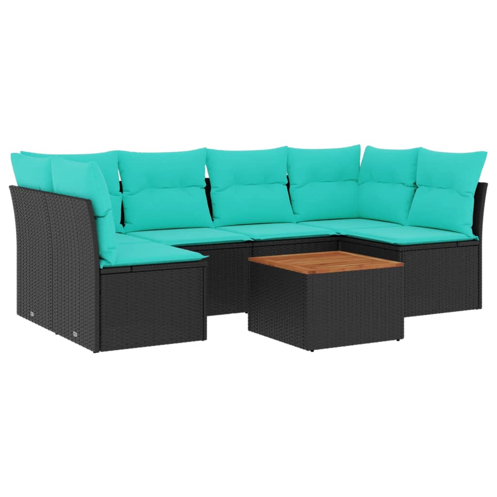 Salon de jardin 7 pcs avec coussins noir résine tressée