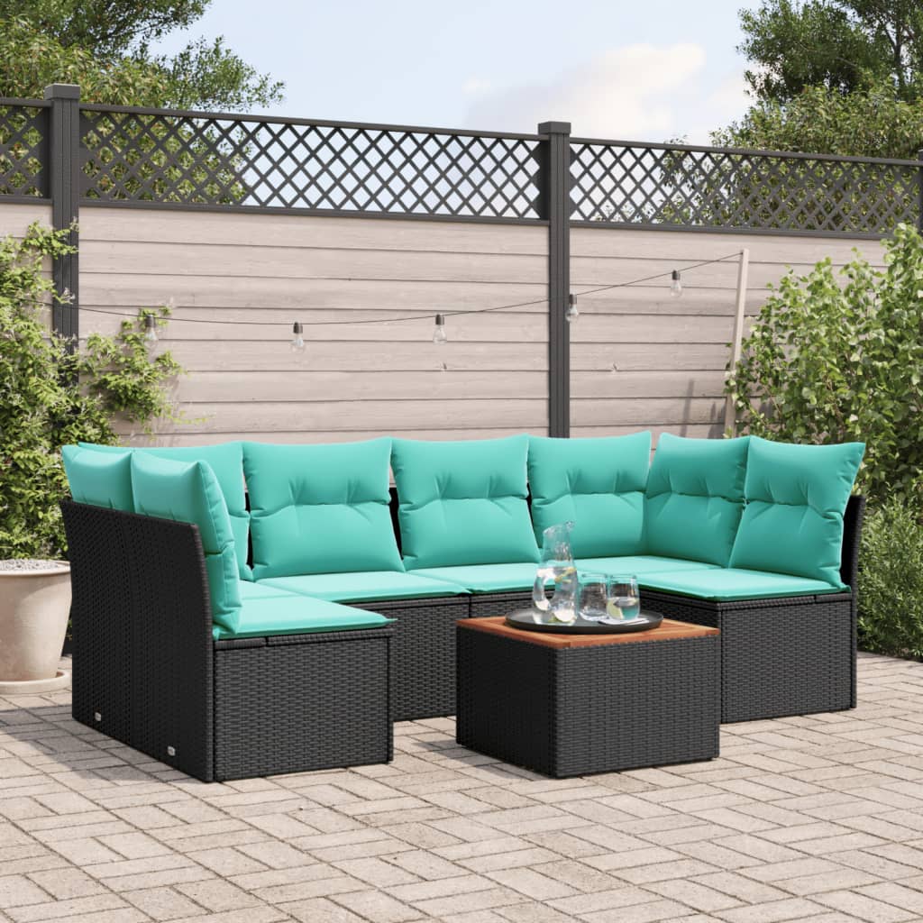 Salon de jardin 7 pcs avec coussins noir résine tressée