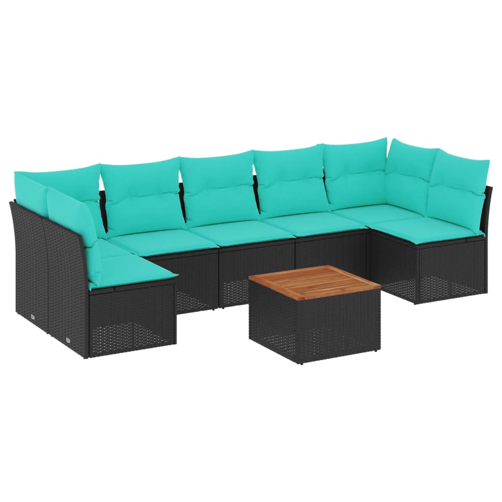 Salon de jardin 8 pcs avec coussins noir résine tressée