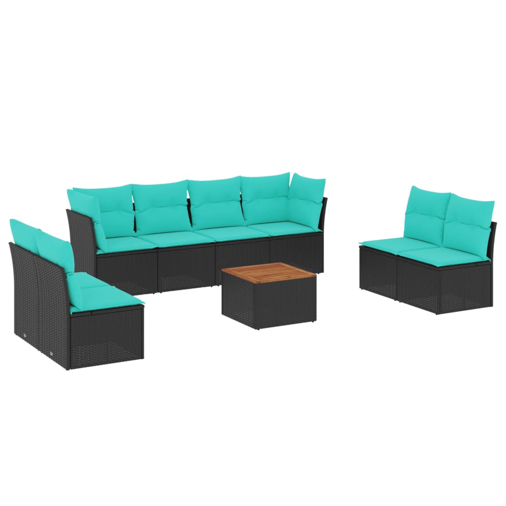 Salon de jardin 9 pcs avec coussins noir résine tressée