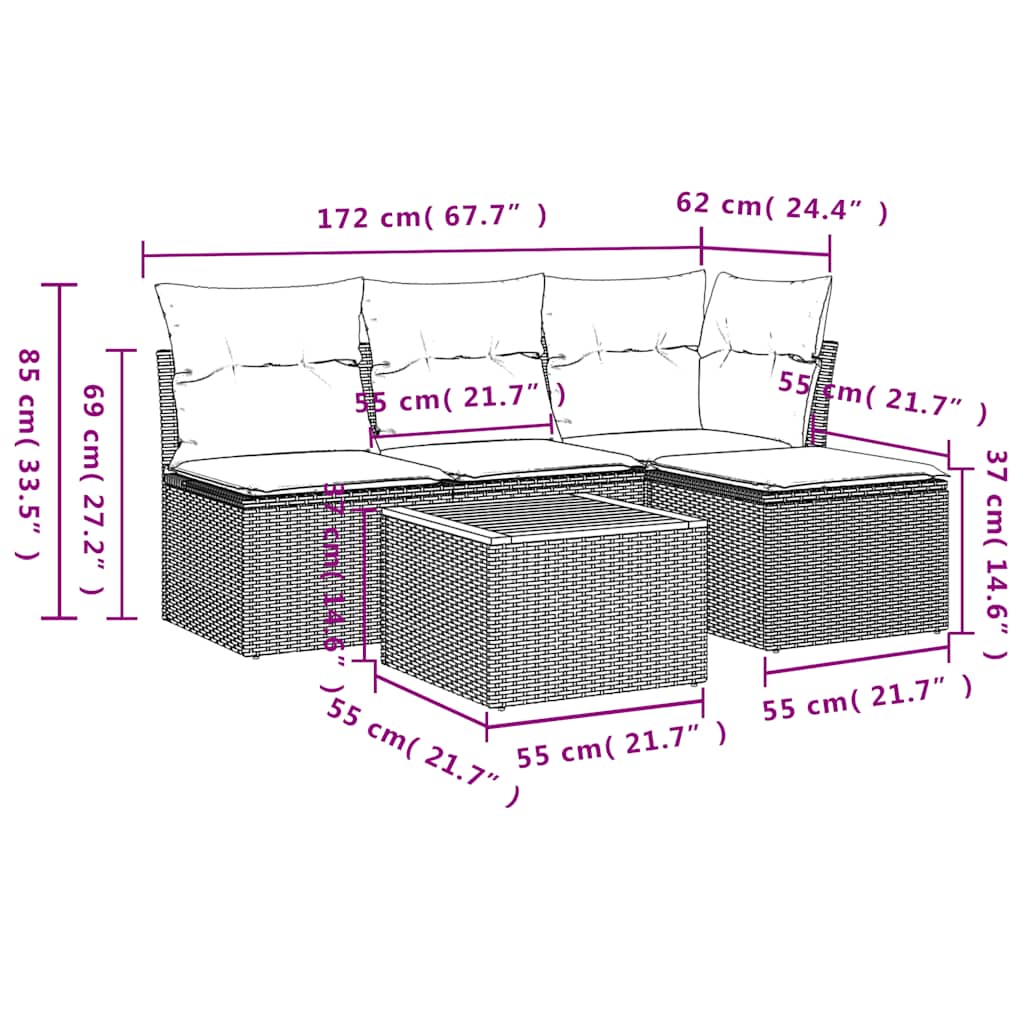 Ensemble de canapé de jardin 5 pcs avec coussins gris résine tressée