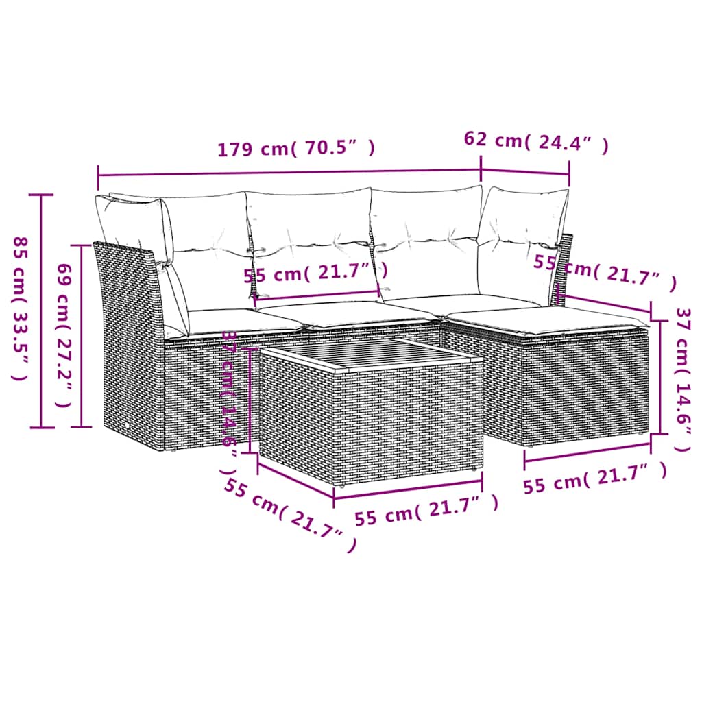 Ensemble de canapé de jardin 5 pcs avec coussins gris résine tressée
