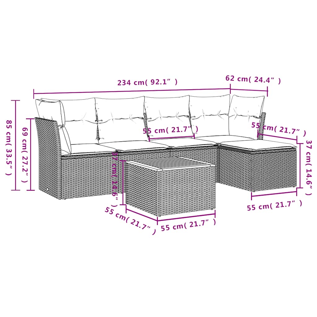 Ensemble de canapé de jardin 6 pcs avec coussins gris résine tressée