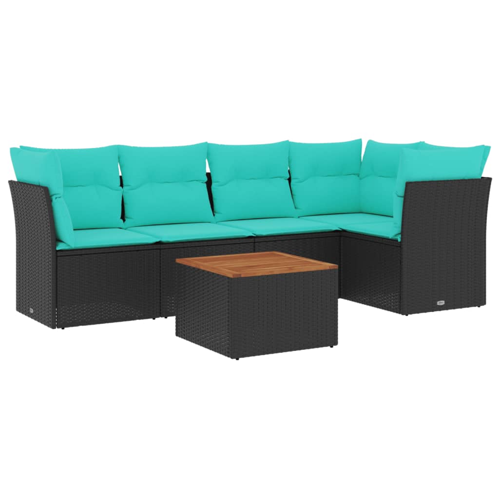 Salon de jardin 6 pcs avec coussins noir résine tressée