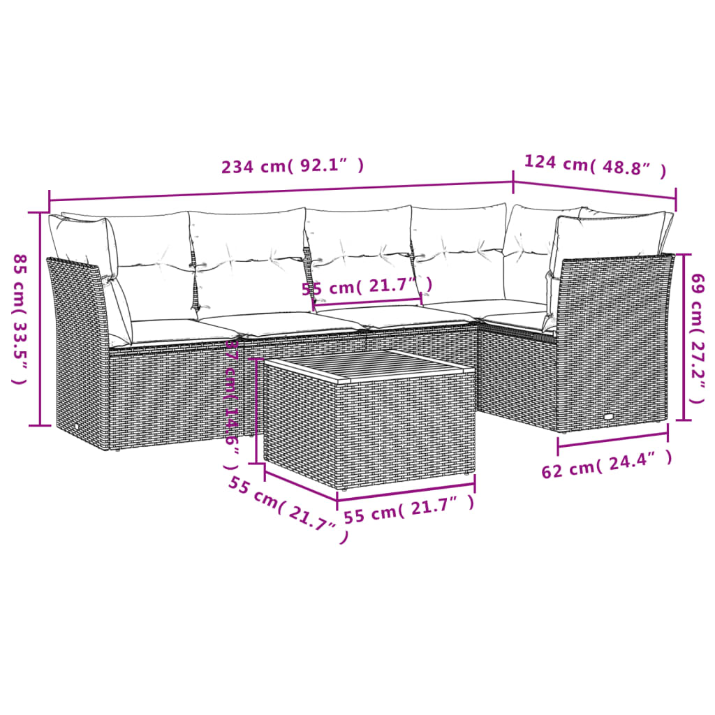 Salon de jardin 6 pcs avec coussins gris résine tressée