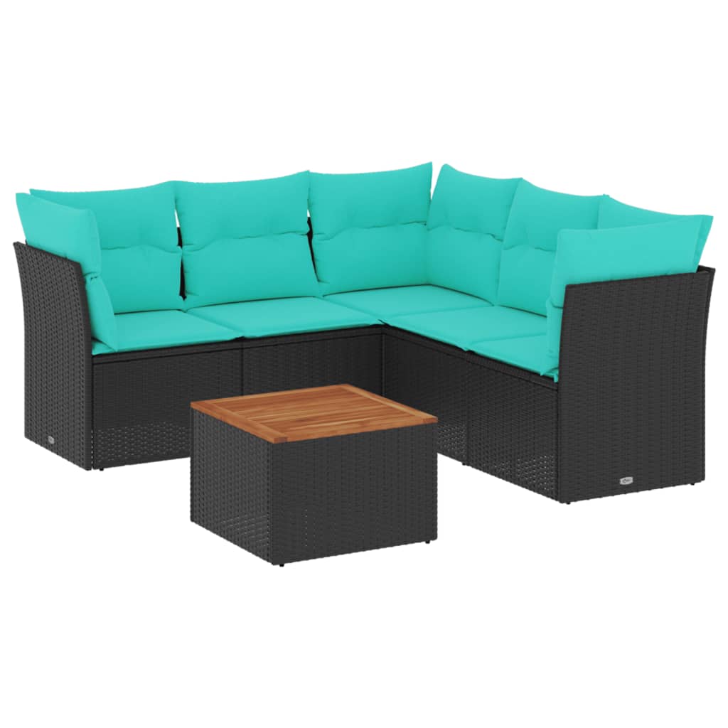 Salon de jardin 6 pcs avec coussins noir résine tressée