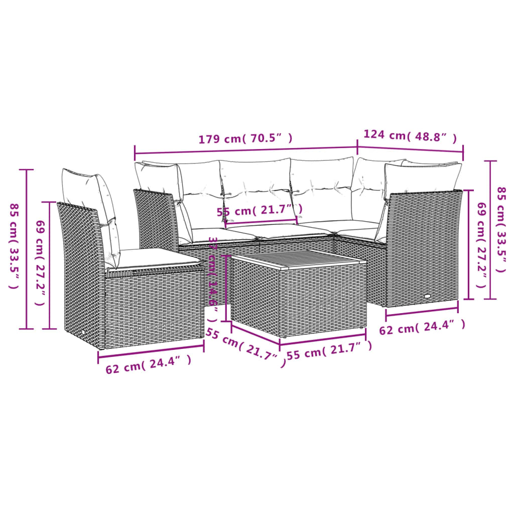 Salon de jardin 6 pcs avec coussins noir résine tressée