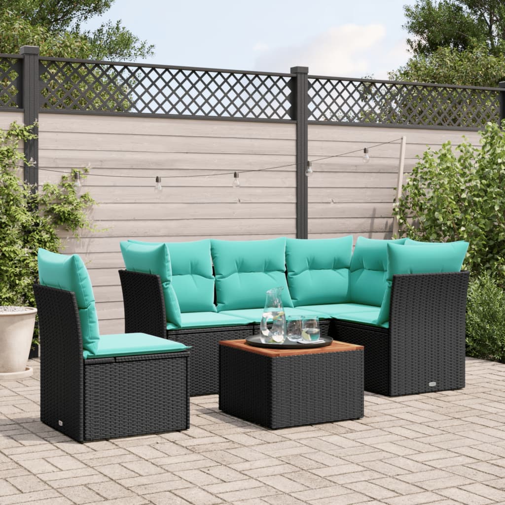 Salon de jardin 6 pcs avec coussins noir résine tressée