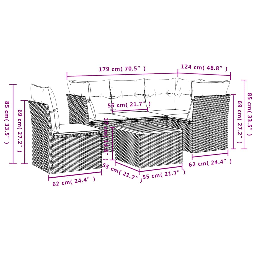 Salon de jardin 6 pcs avec coussins gris résine tressée