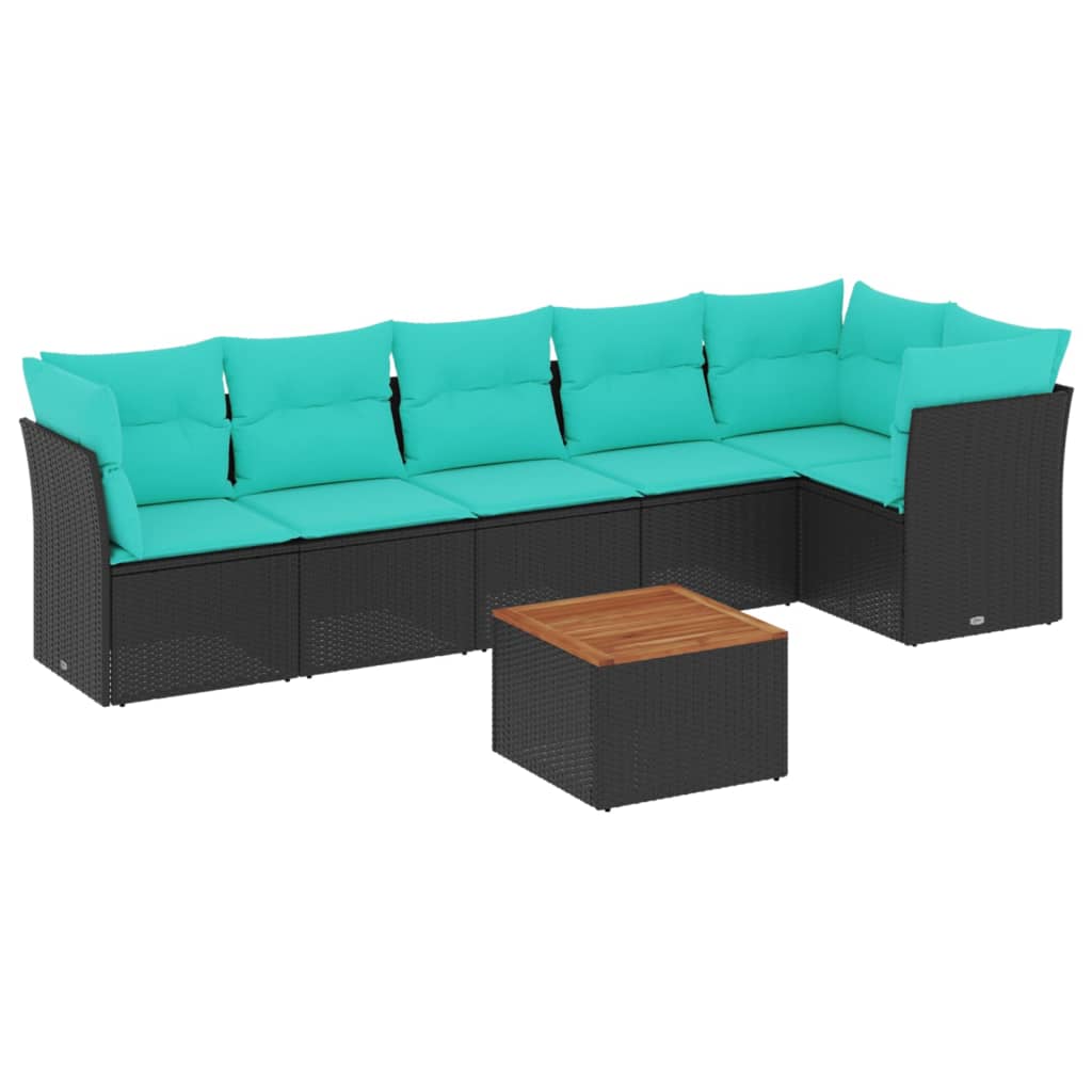 Salon de jardin 7 pcs avec coussins noir résine tressée